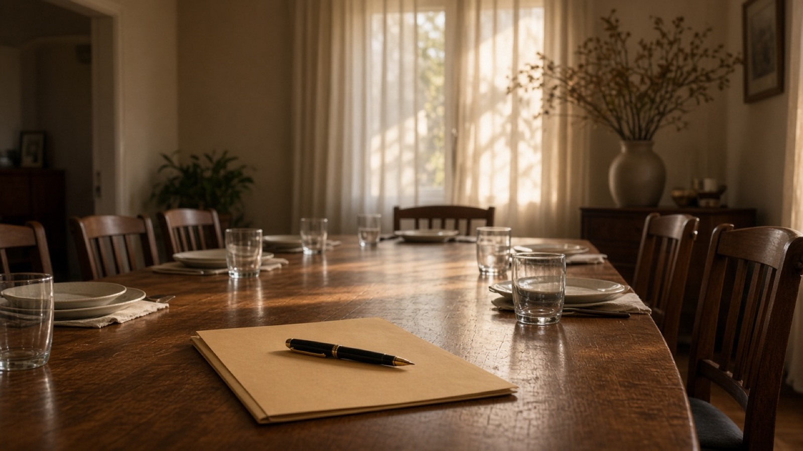 A long polished wooden dining table set with plates and water glasses before empty chairs, a manila folder and pen at the near end, as late-afternoon sun filters through sheer curtains into a quiet room.