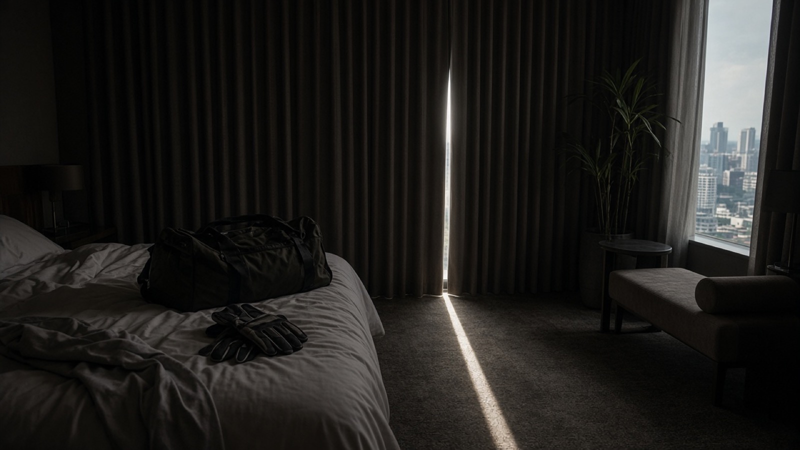 A darkened high-rise hotel room with heavy curtains drawn, a single blade of daylight cutting across the carpet past an unmade bed holding a black duffel bag and gloves, a city skyline visible through a side window.