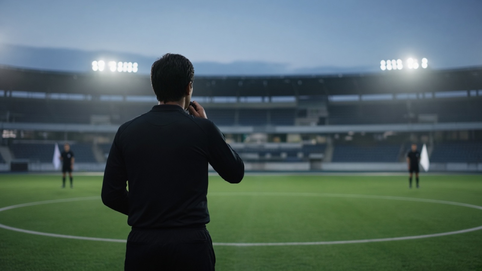 A referee in a black kit, seen from behind, raises a whistle to his mouth at the center circle of an empty stadium at dusk, while two assistant referees with flags stand blurred in the distance under bright floodlights.