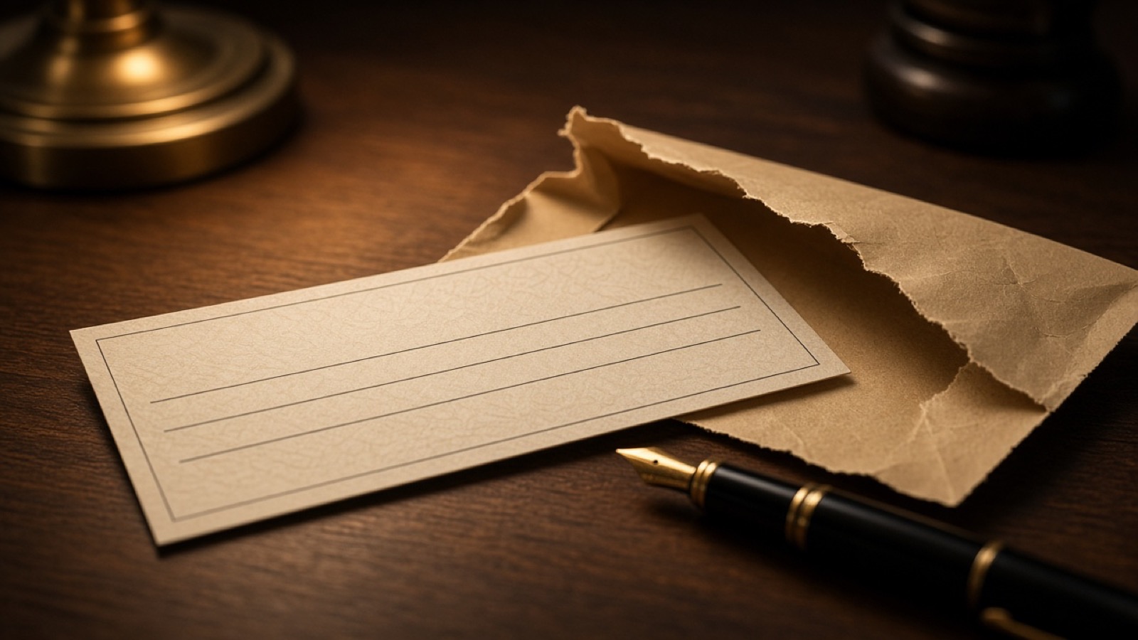 A blank cream check-shaped slip with ruled lines lies on a dark walnut desk beside a torn-open kraft envelope and a black-and-gold fountain pen, lit by the warm glow of a brass lamp base.