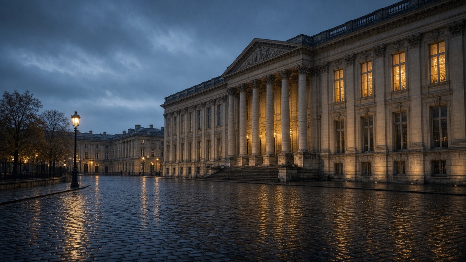 A grand neoclassical building with tall columns and warmly lit windows faces a rain-slicked cobblestone square at blue hour, a single old-fashioned streetlamp glowing beside bare autumn trees under heavy gray clouds.