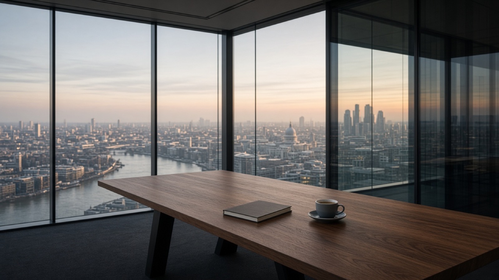 An empty corner meeting room high in an office tower holds a long walnut table with one closed notebook and a cup of coffee, floor-to-ceiling windows overlooking a hazy city skyline and winding river at dawn.