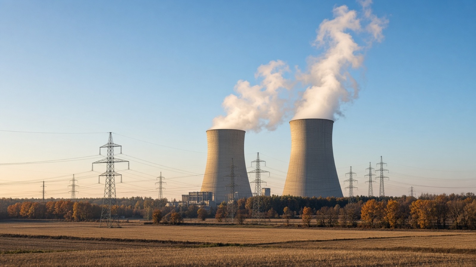 Two concrete cooling towers release white plumes of vapor into a clear blue sky, with steel transmission towers and power lines crossing harvested golden fields and a band of autumn trees in the foreground.