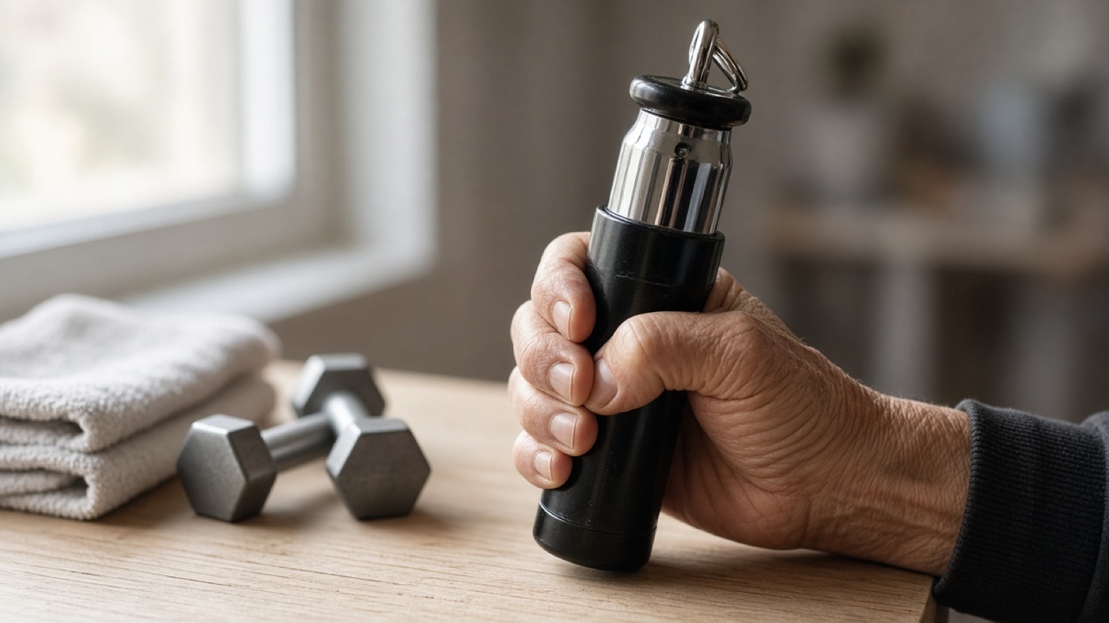 A weathered older hand grips a black-and-chrome cylindrical device on a pale wooden table, with a pair of small hex dumbbells and a folded white towel beside it in soft window light.