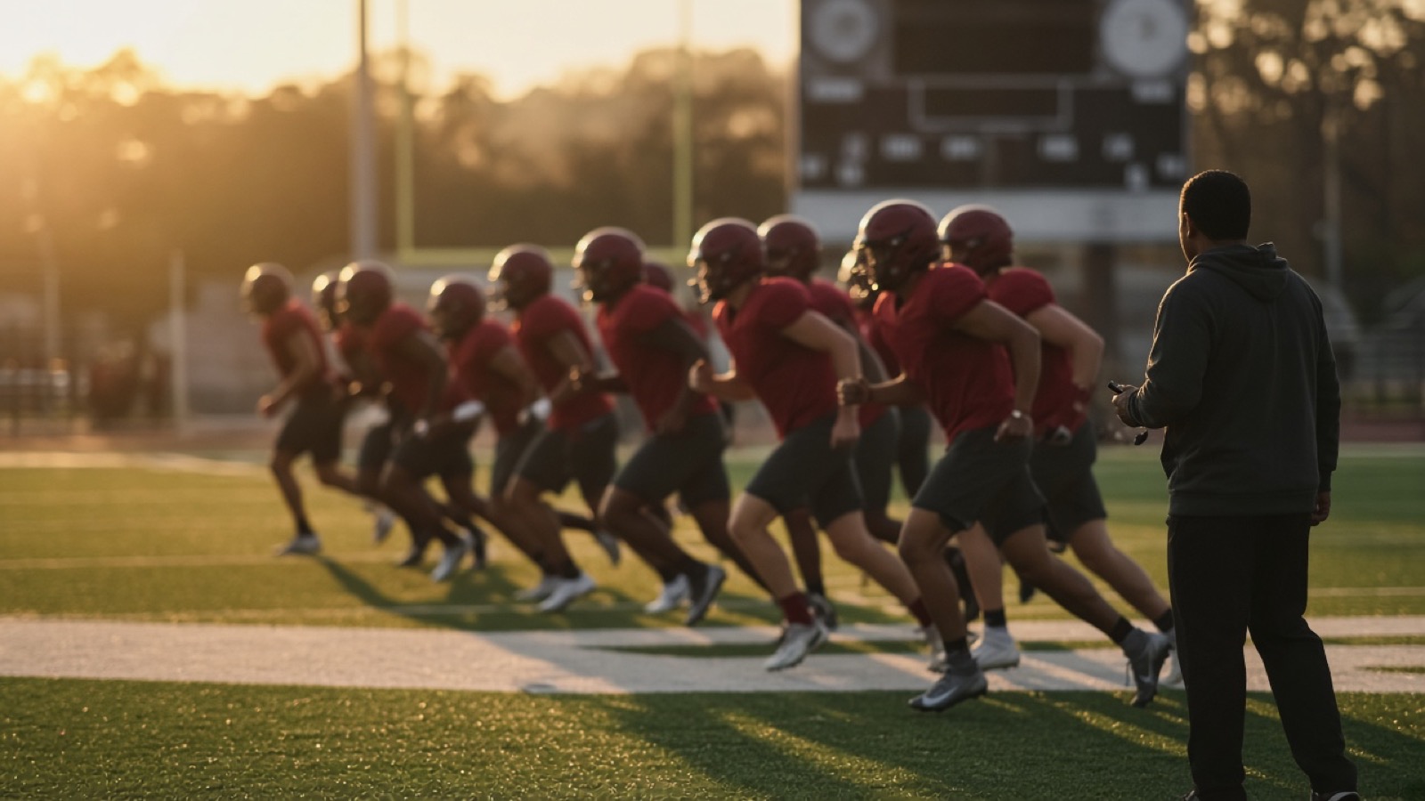 A line of football players in crimson jerseys and helmets sprints across a practice field at golden hour while a coach in a dark hooded sweatshirt watches holding a stopwatch, a blurred scoreboard behind.