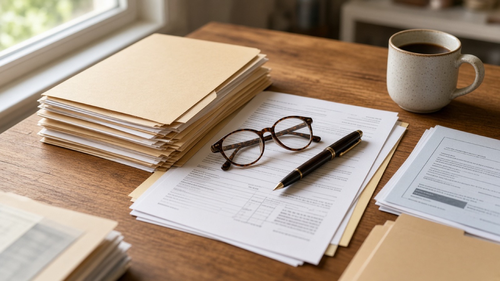 A wooden table by a sunlit window holds a tall stack of manila folders, printed forms and statements, with tortoiseshell reading glasses and a black pen resting on the top page and a speckled coffee mug nearby.