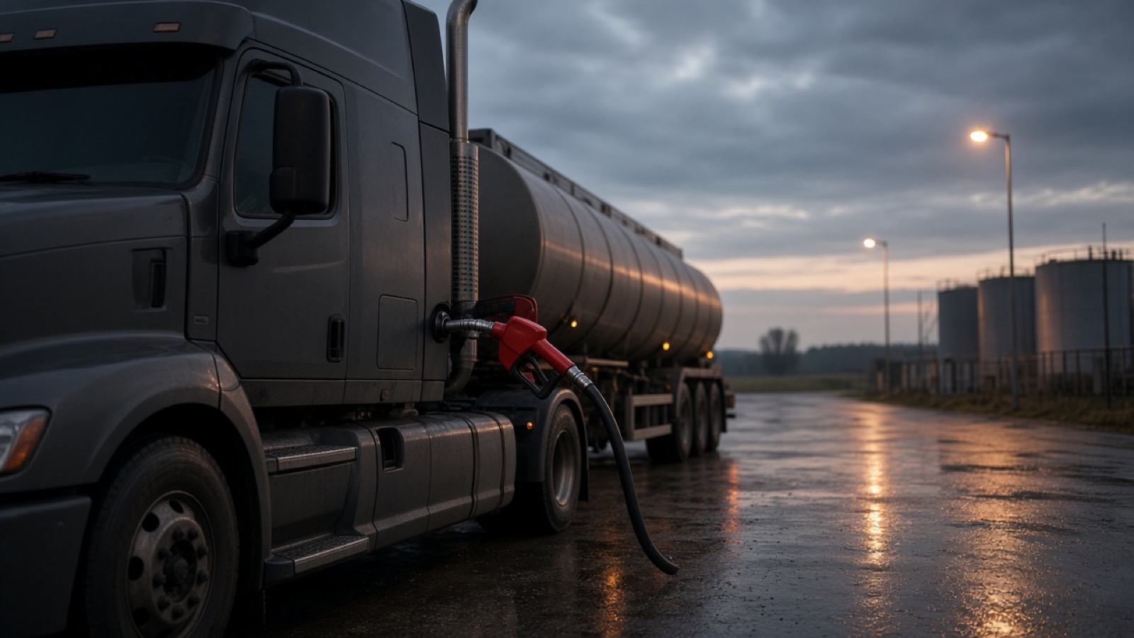 A dark semitruck with a tanker trailer is parked on wet asphalt at a rural fuel depot at dusk, a red fuel nozzle hooked into its side, with storage tanks and glowing streetlights under a low cloudy sky.