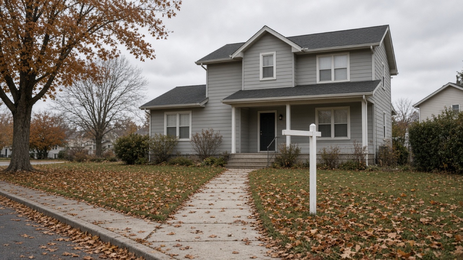 A modest gray two-story suburban house with a front porch under an overcast sky, a blank white sign post on the lawn and fallen orange maple leaves scattered across the grass and concrete walkway.