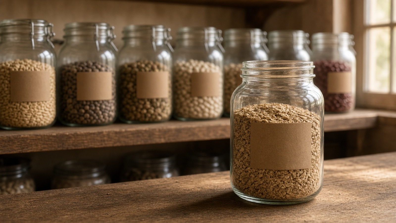 A row of clear glass jars with blank brown paper labels, each filled with different beans or grains, lines a wooden pantry shelf, while one open jar of grain sits forward on the counter in warm window light.