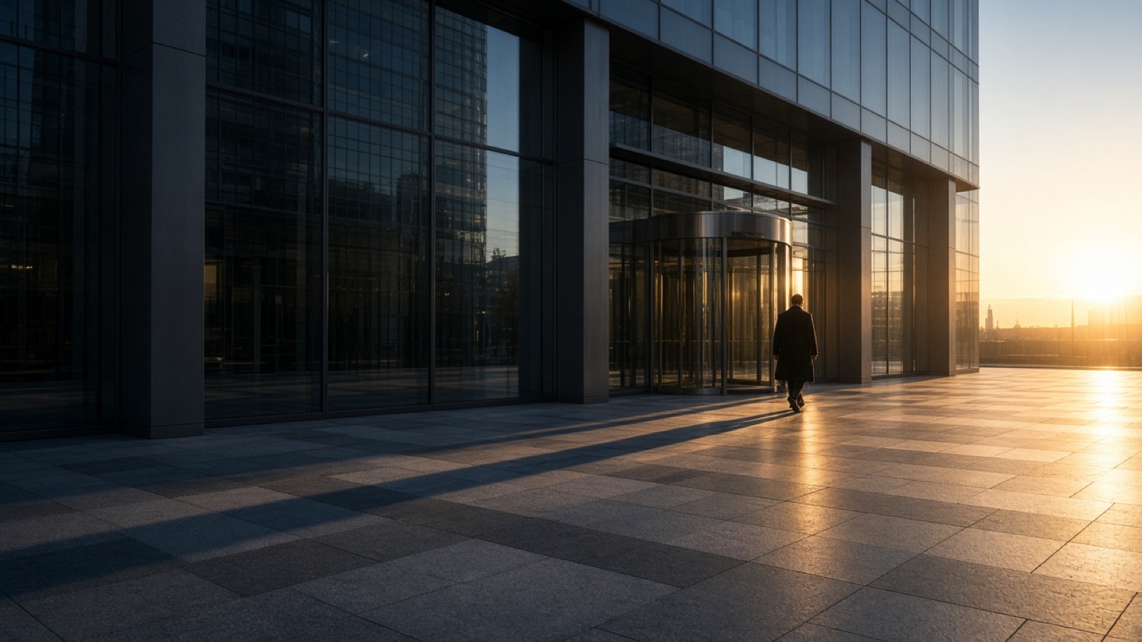 A man in a long dark overcoat, seen from behind, walks past the revolving door of a glass-and-steel office tower across a wide granite plaza, the low sun at the end of the street throwing long shadows.