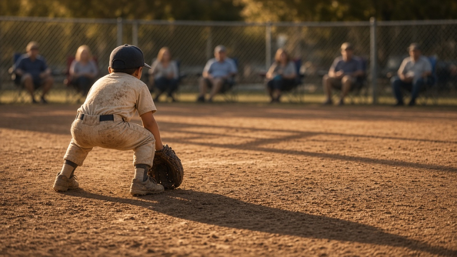 A small boy in a dusty baseball uniform and cap crouches on a dirt infield with an oversized glove, seen from behind in long late-afternoon shadows, as blurred adults watch from folding chairs behind a chain-link fence.