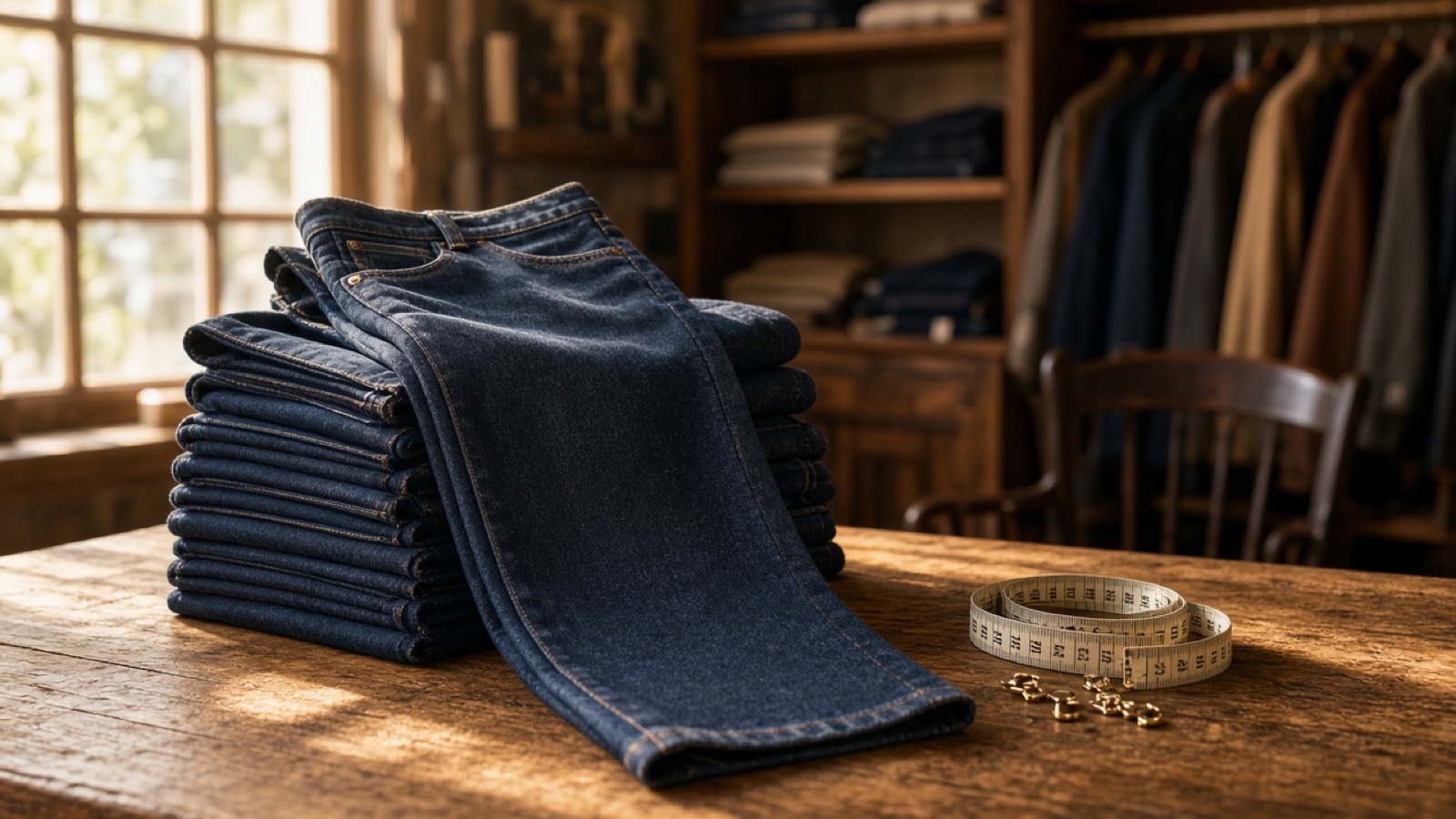 A stack of dark indigo jeans sits on a worn wooden table in a warmly lit shop, one pair draped over the top, beside a rolled cloth measuring ribbon and loose brass rivets, shelves of clothing behind.