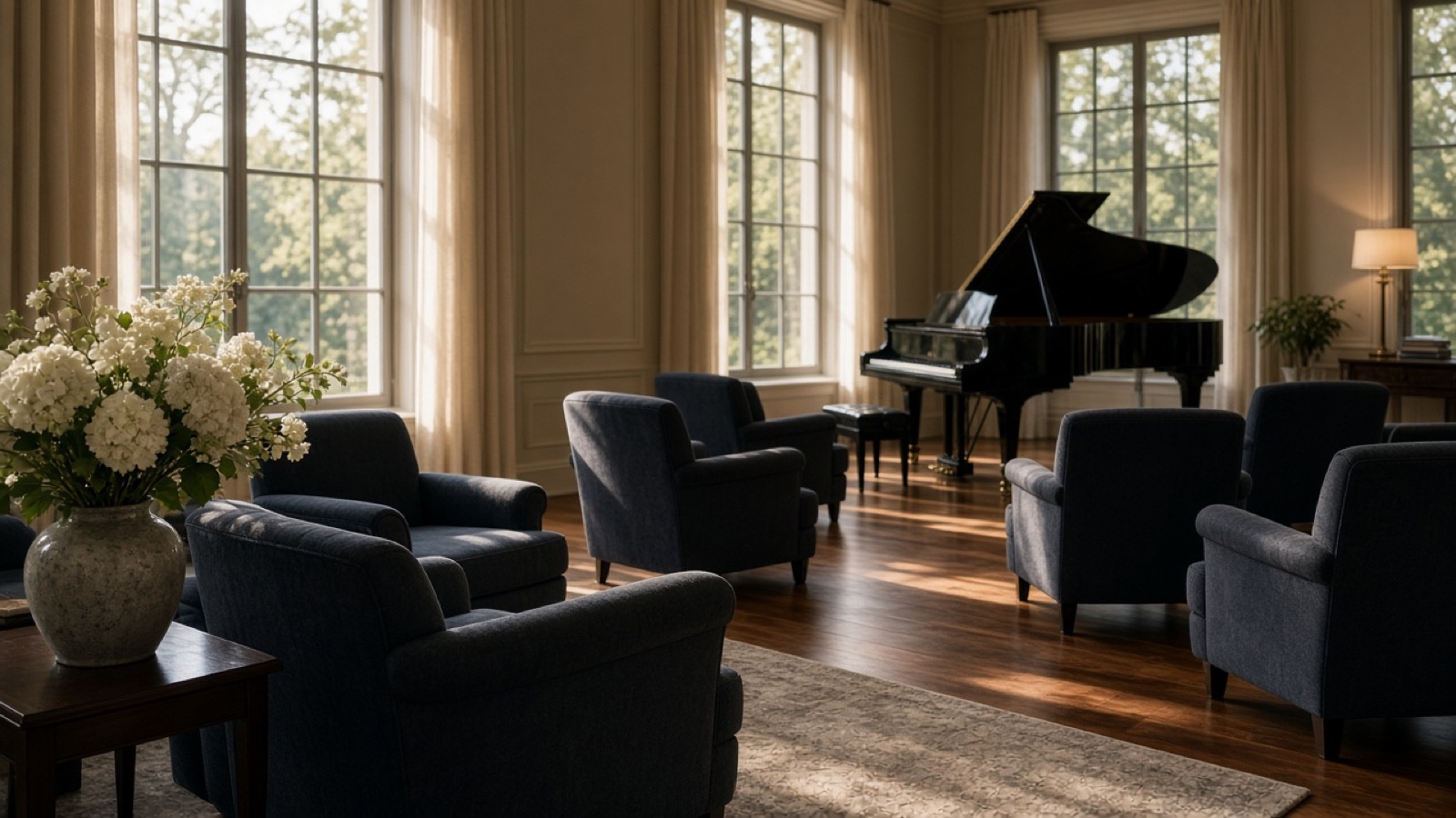 A sunlit, high-ceilinged lounge with tall paned windows, a black grand piano, navy upholstered armchairs on a polished wood floor and a vase of white hydrangeas in the foreground, in warm late-afternoon light.