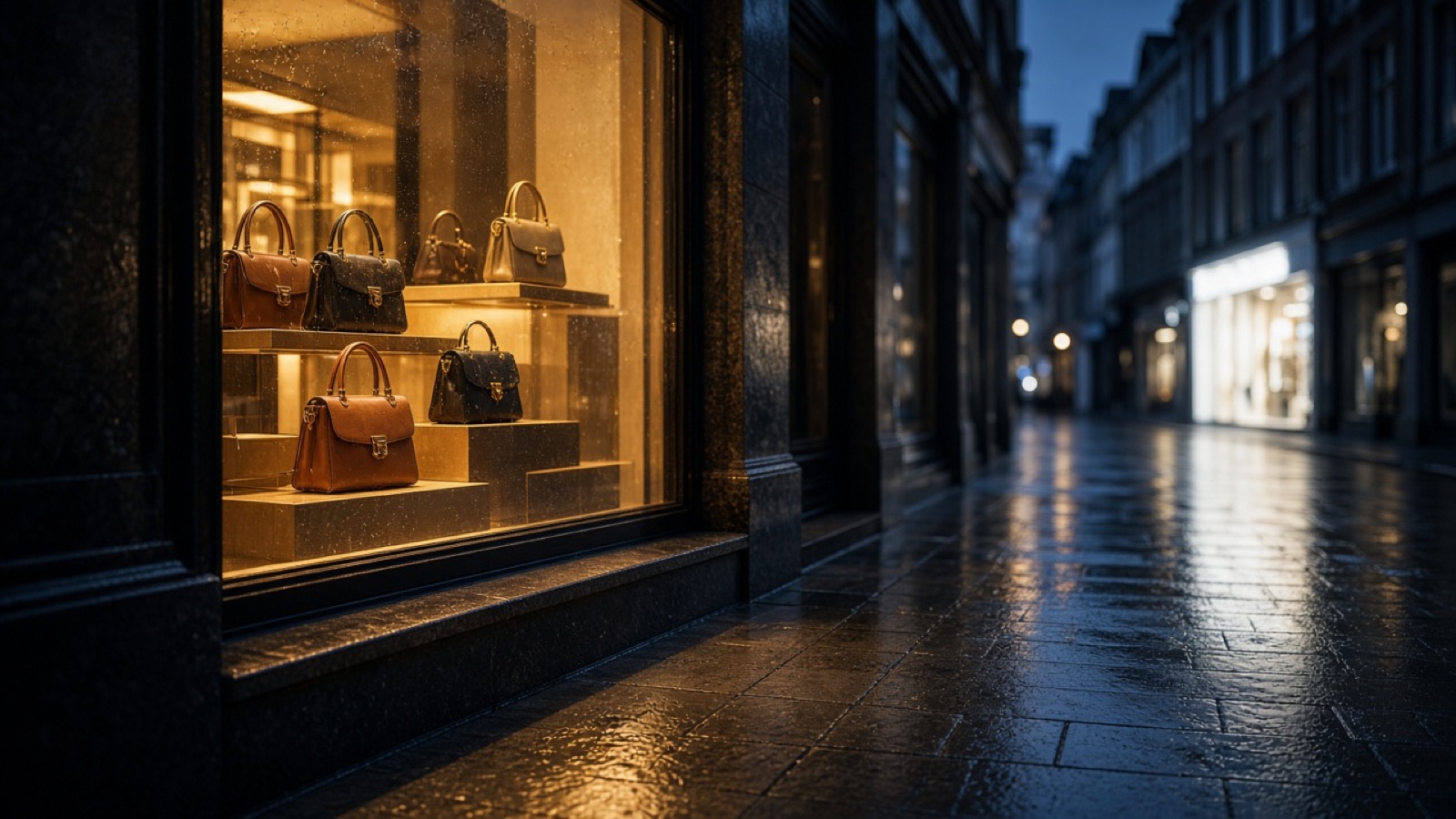 Leather handbags glow under warm light in a boutique window on a rain-damp European shopping street at blue hour, the wet pavement empty and a brightly lit white storefront visible farther down the block.