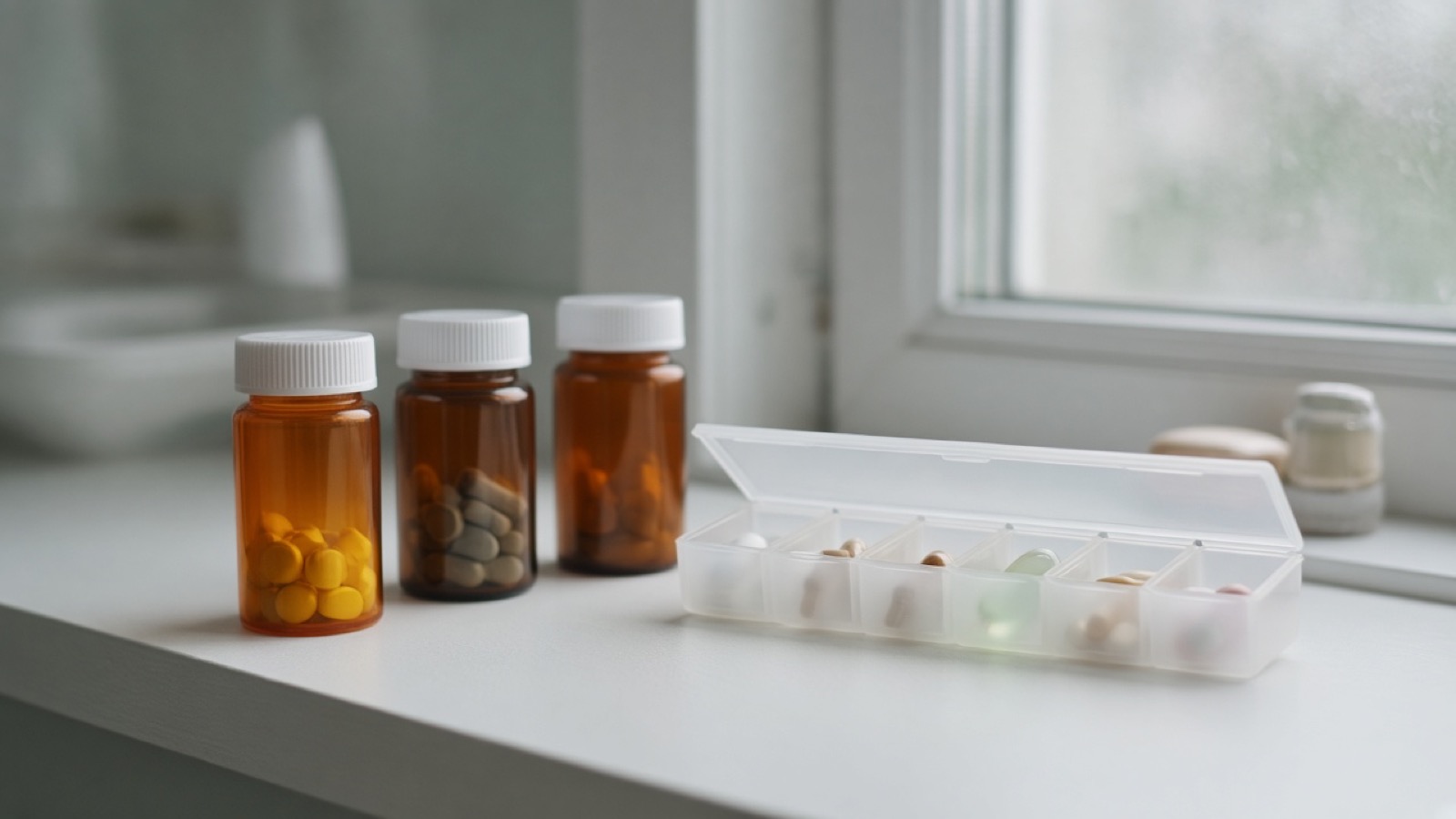 Three amber prescription bottles with white caps stand beside an open translucent pill organizer on a white windowsill, soft gray morning light coming through a frosted window behind them.