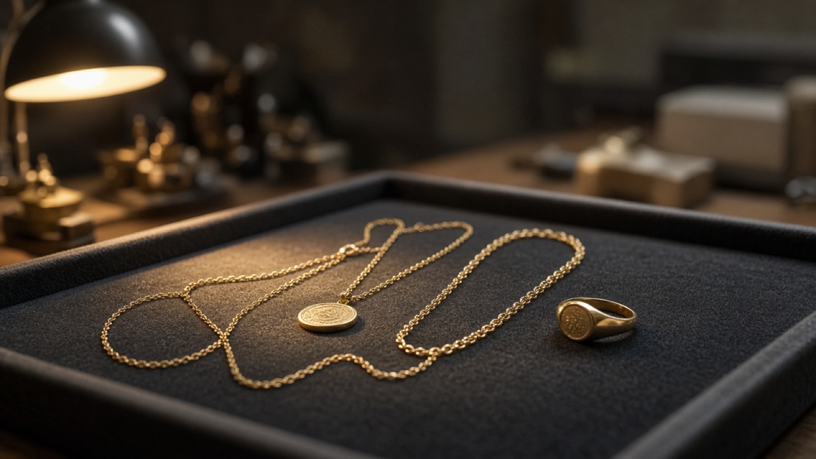A fine gold chain with a round coin pendant and a gold signet ring rest on a charcoal felt tray in a jeweler's workroom, lit warmly by a desk lamp, tools blurred behind.