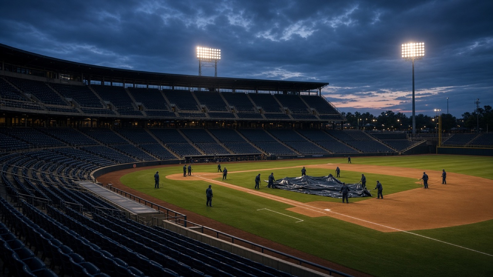 An empty baseball stadium at blue hour under heavy clouds, light towers blazing, as a grounds crew in dark uniforms spreads a gray tarp across the infield beside rows of vacant navy seats.