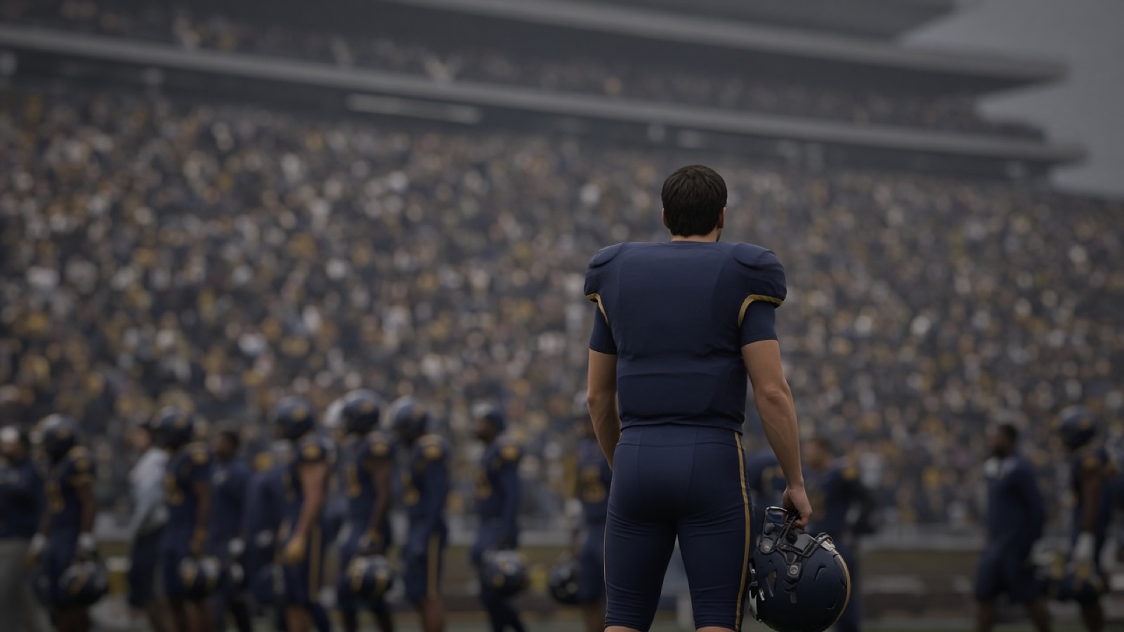 A college football player in a plain navy-and-gold uniform stands with his back to the camera, helmet in hand, on the sideline of a vast packed stadium under flat gray light, teammates blurred nearby.