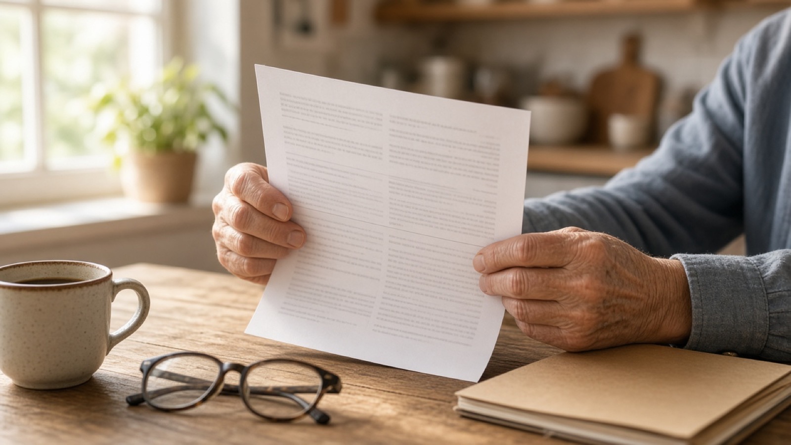 An older man's weathered hands hold a printed single-page statement at a sunlit wooden kitchen table, with a coffee mug, tortoiseshell reading glasses and a brown notebook resting in front of him.