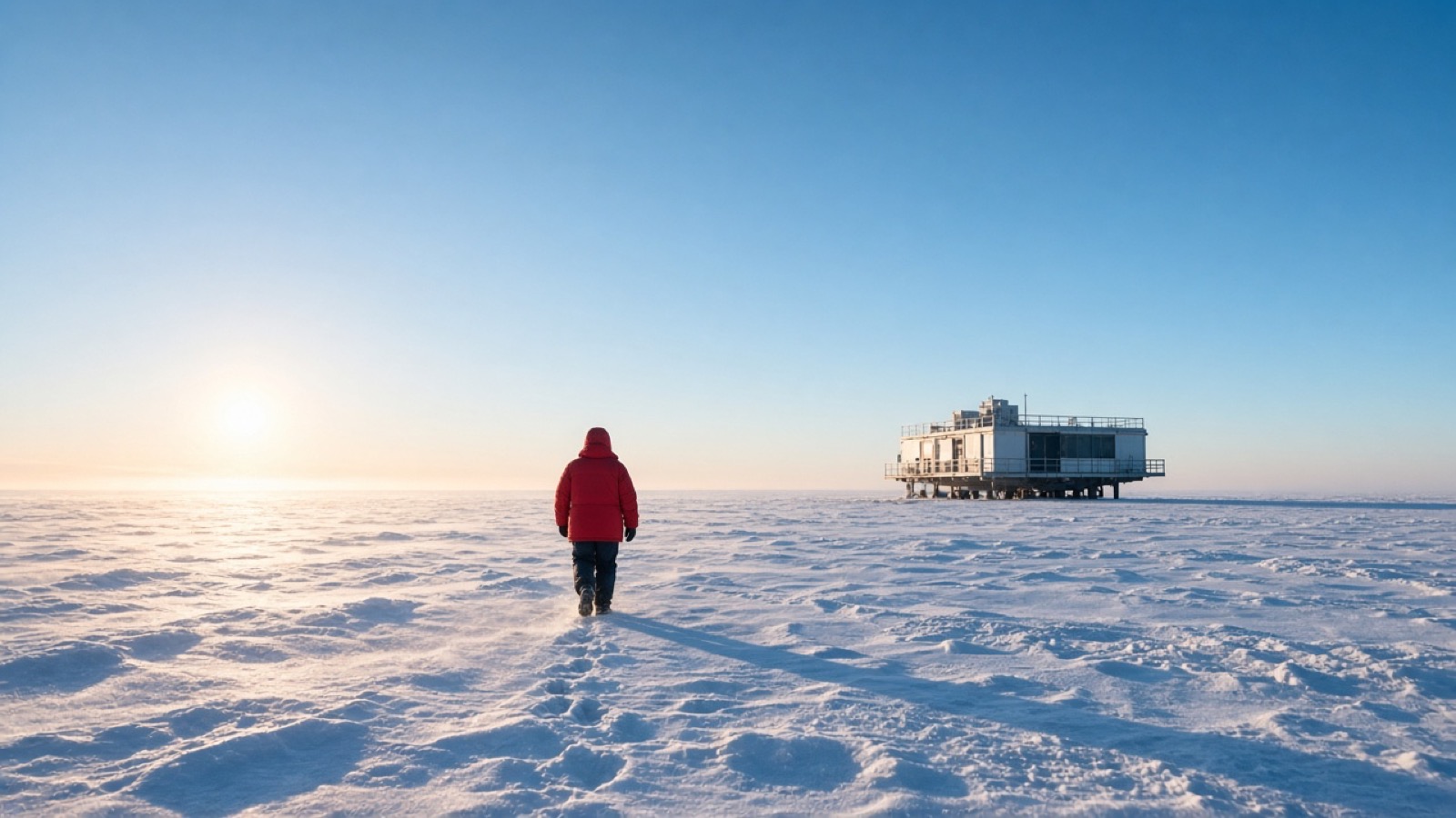 A lone figure in a red parka walks away across wind-rippled snow toward an elevated research station on stilts, a low sun glowing at the horizon under a vast clear blue polar sky.