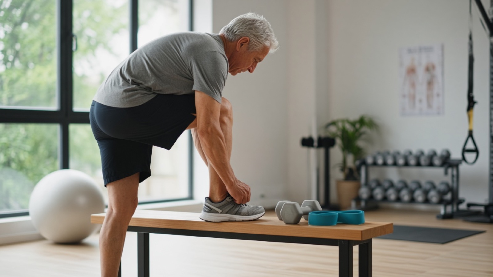 A gray-haired older man in a gray T-shirt and dark shorts rests one foot on a wooden bench to tie a running shoe in a bright physical-therapy studio, with dumbbells, a resistance band and an exercise ball nearby.