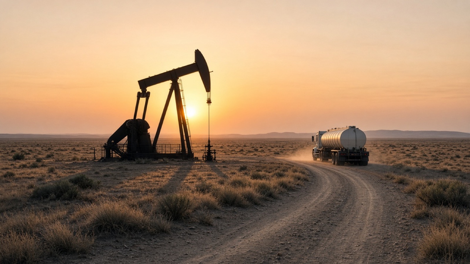 An oil pumpjack stands silhouetted against a low orange sun on a flat, scrubby plain, while a white tanker truck kicks up dust on a curving dirt road beside it, casting long shadows across the dry grass.