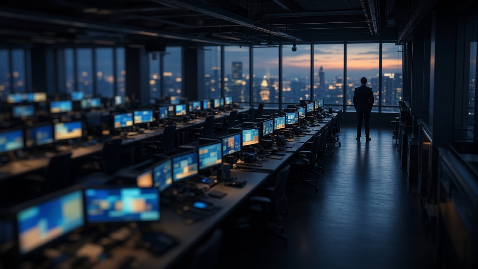 A dim, empty trading floor at dusk with long rows of desks and glowing blue monitors stretches toward tall windows, where a lone man in a dark suit stands silhouetted against city lights and an orange horizon.