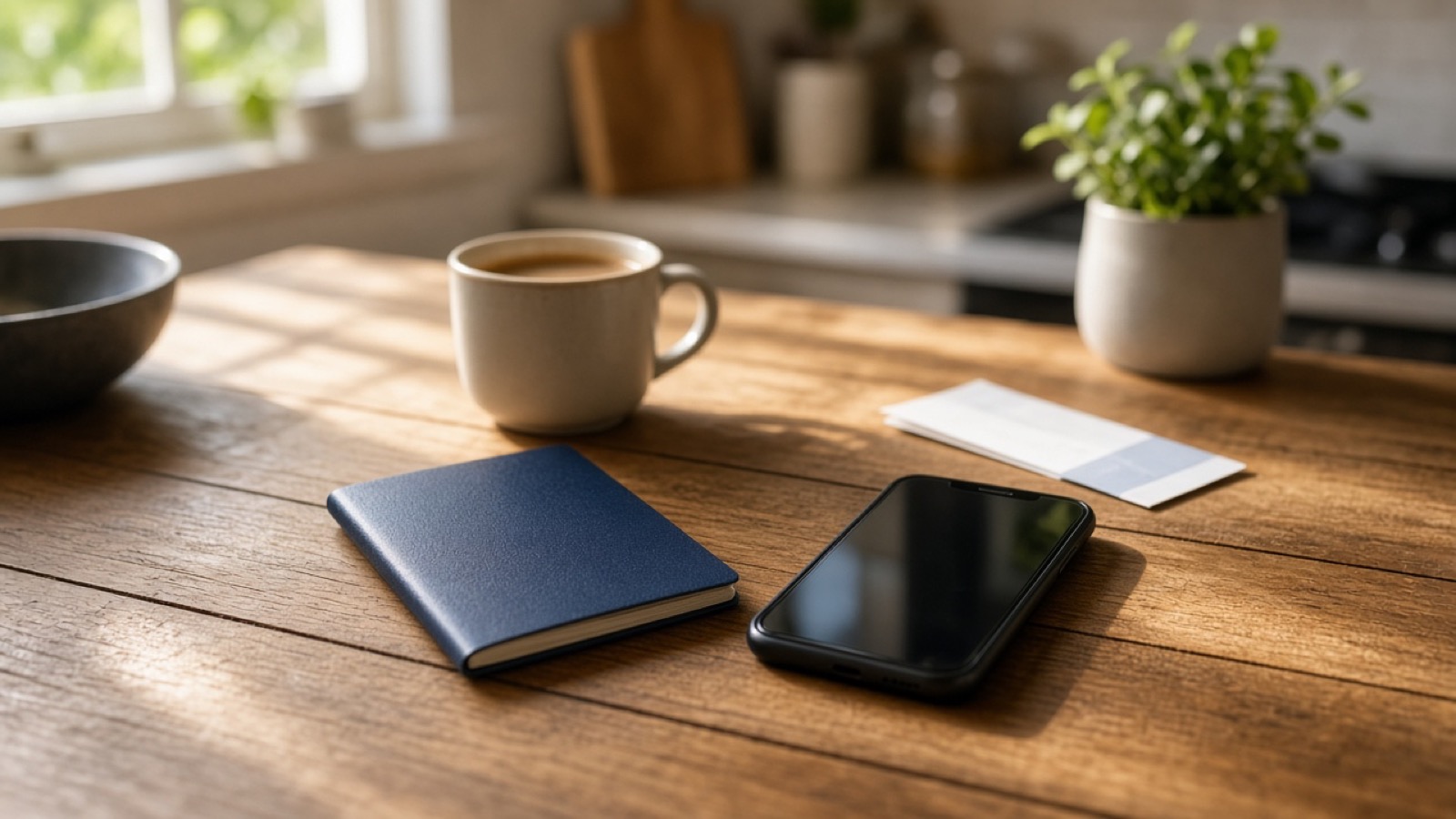 A navy-blue passport and a black smartphone lie on a sunlit wooden kitchen table, with a mug of coffee, a folded boarding pass and a potted herb behind them in soft morning light.