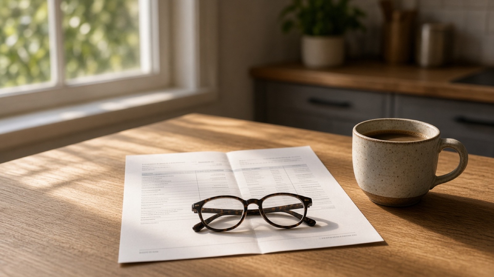 An opened paper statement lies flat on an oak kitchen table with tortoiseshell reading glasses resting on it, beside a speckled ceramic mug of coffee, in warm late-afternoon light from a nearby window.