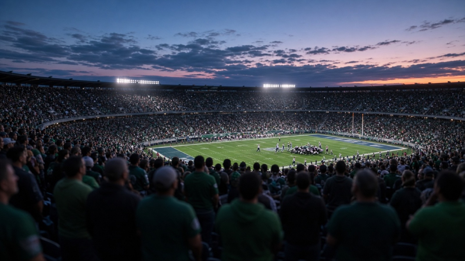 A packed stadium at dusk seen from high in the stands, fans in green standing in the foreground as players pile up near the goal line under floodlights and a purple-orange evening sky.