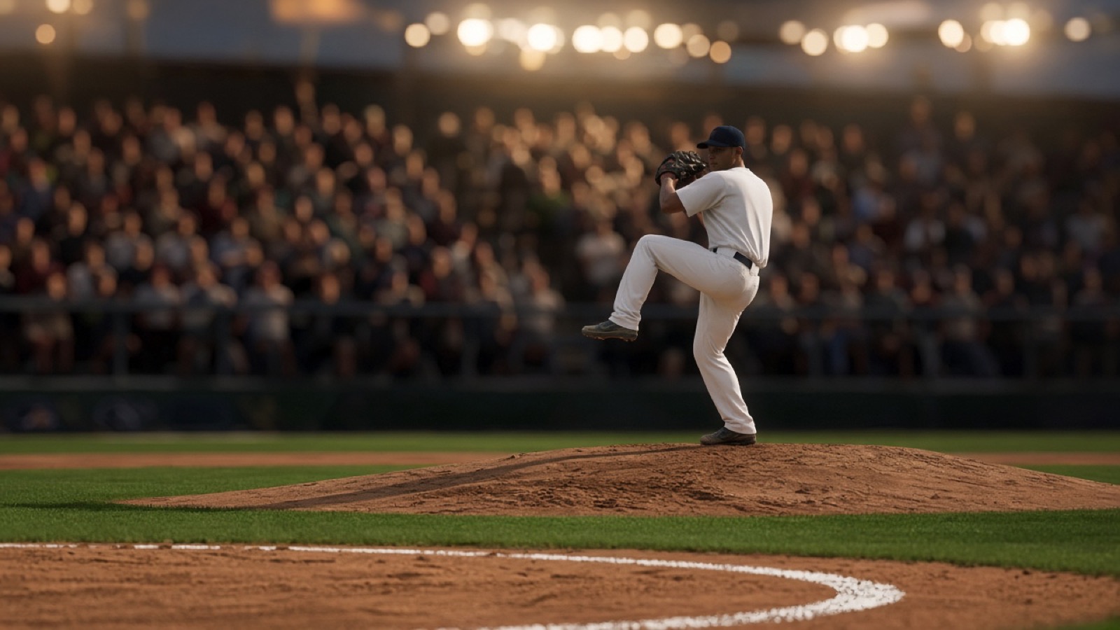 A pitcher in a plain white uniform and dark cap lifts his leg high in his windup on a dirt mound under bright stadium lights at dusk, a packed crowd blurred in the stands behind.