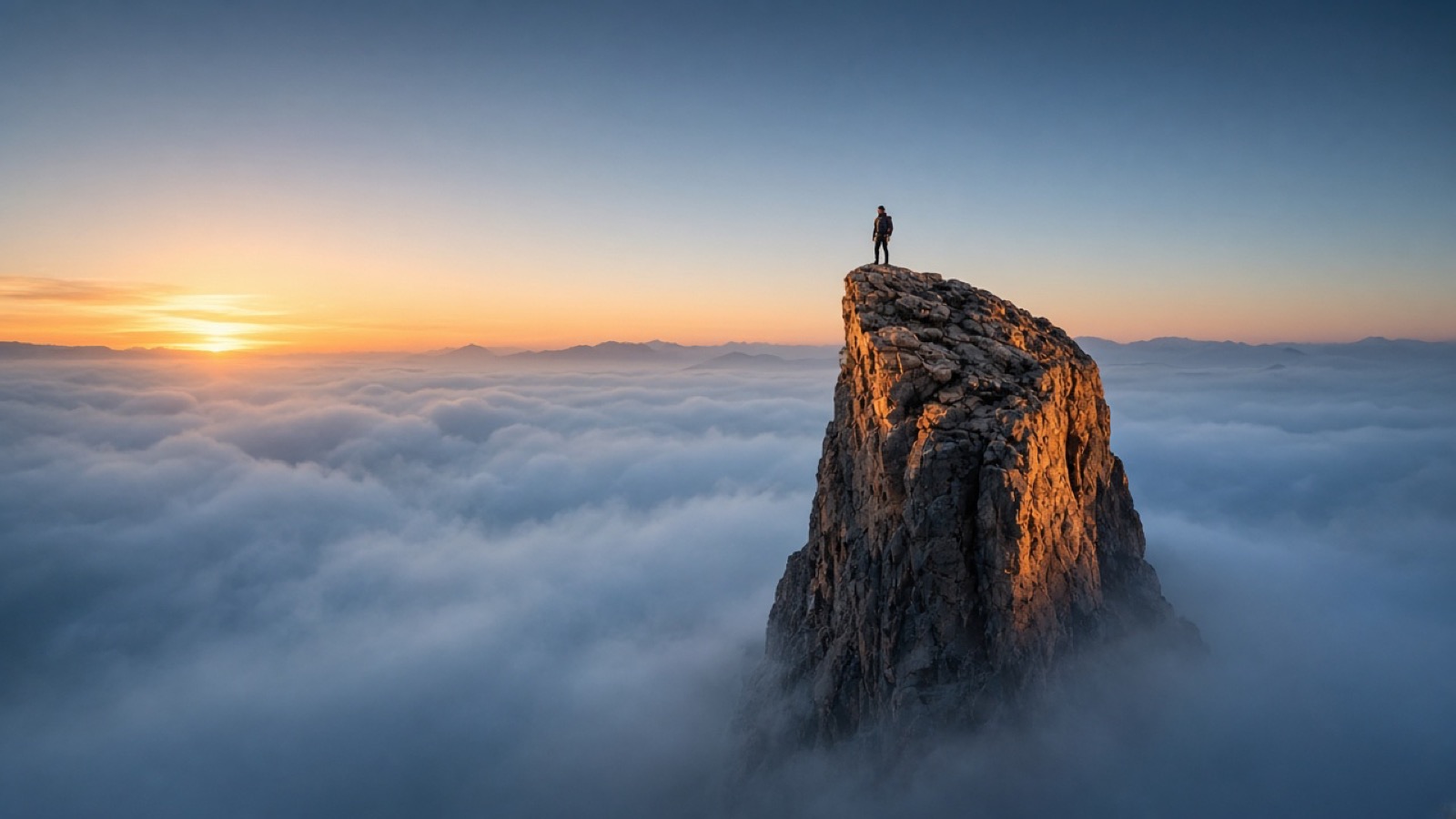 A lone hiker stands on top of a tall, narrow rock pinnacle that rises out of a sea of fog, with the sun low on the horizon casting warm light on the rock and cool blue tones across the clouds below.