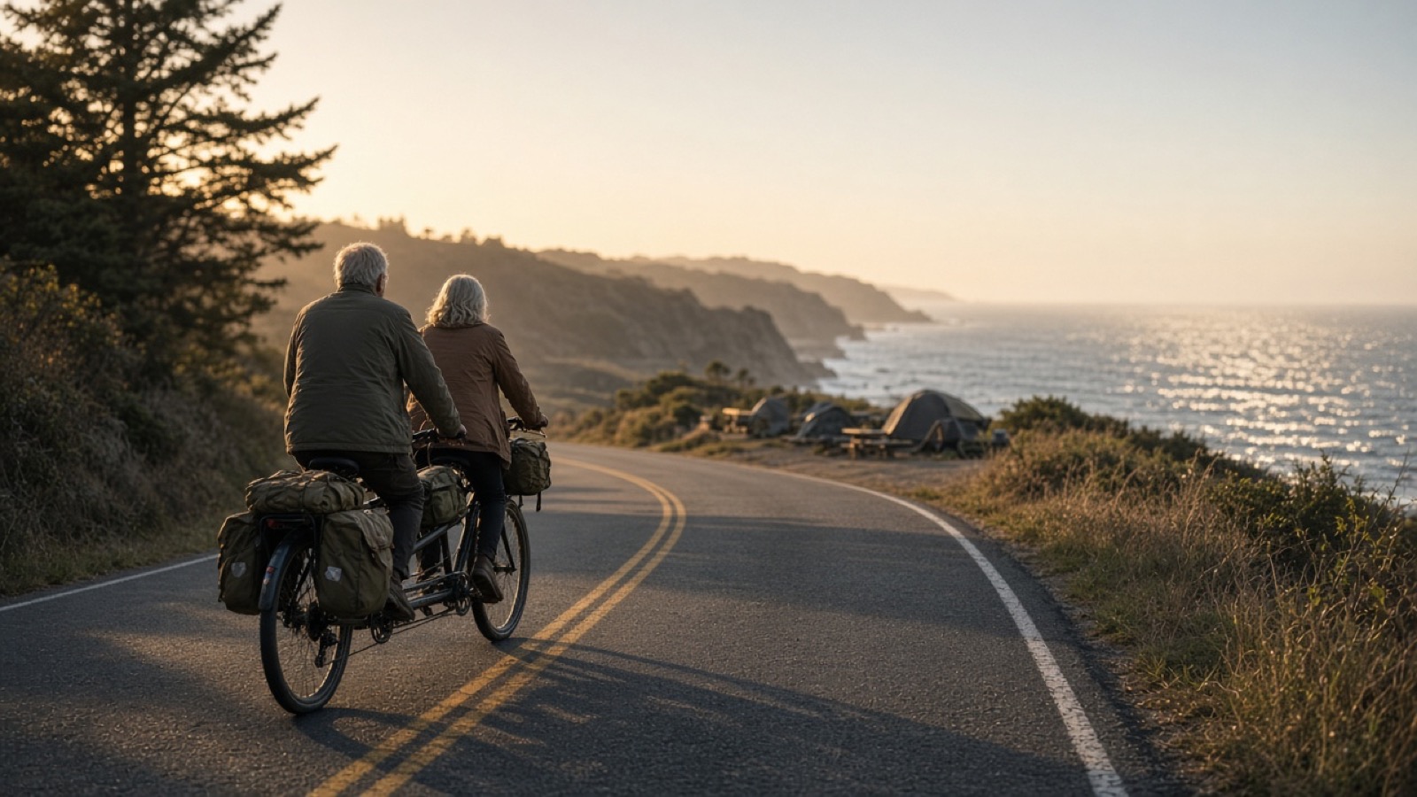 An older couple seen from behind ride a tandem bicycle loaded with olive panniers along a winding coastal road at golden hour, tents pitched on a bluff ahead and sunlight glittering on the ocean below.