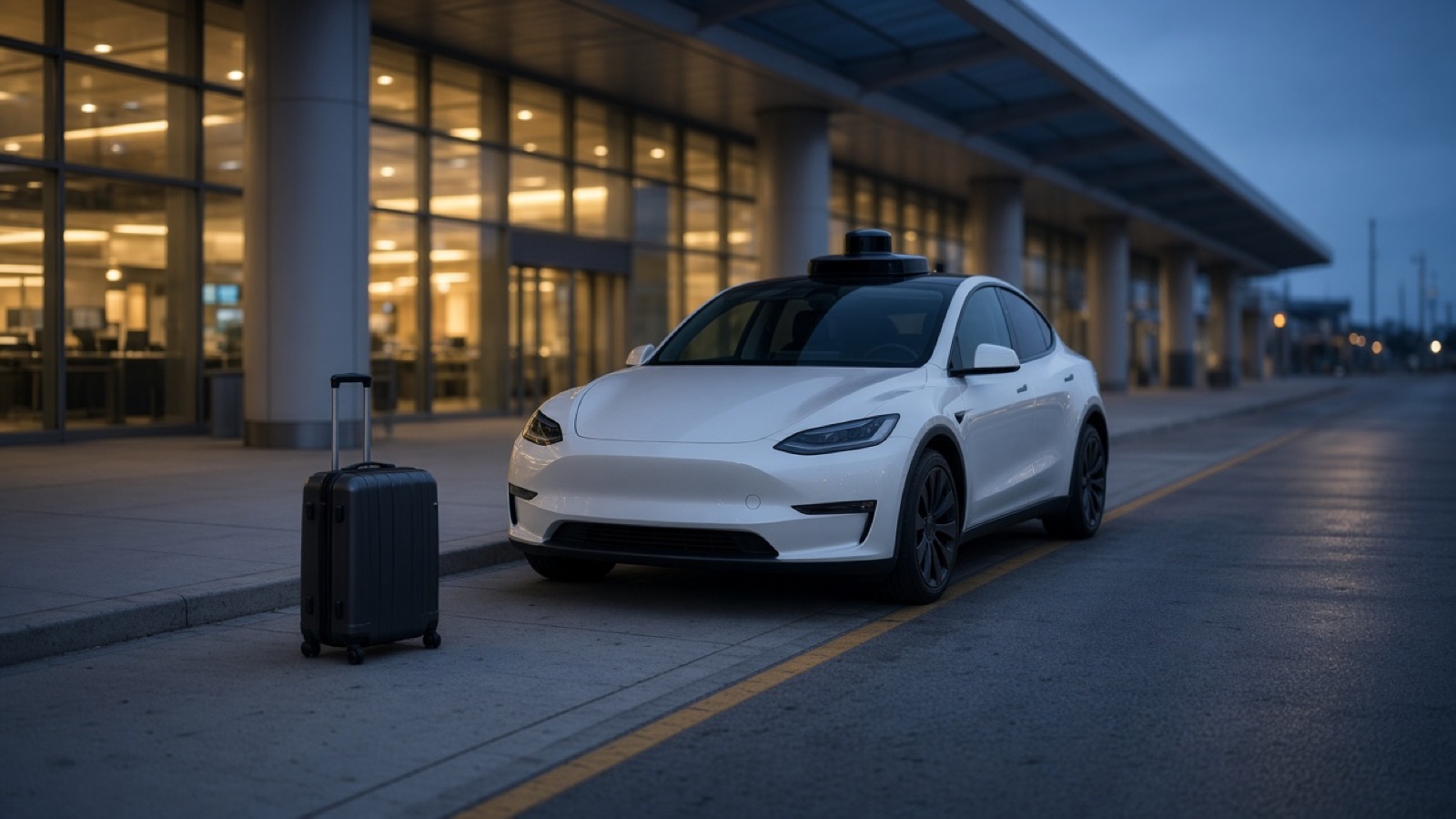 A white electric crossover with a black rooftop sensor dome waits at an empty airport curb in blue pre-dawn light, a single black roller suitcase standing on the sidewalk before the warmly lit terminal glass.