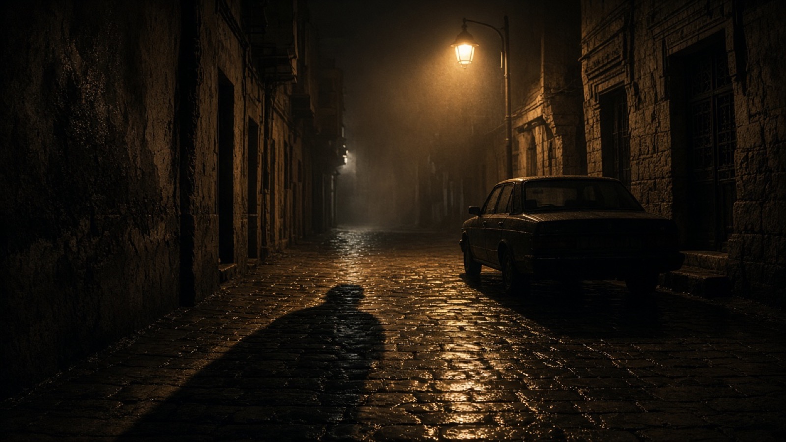 A narrow, rain-slicked cobblestone lane between old stone buildings at night, lit by a single glowing streetlamp in the mist, a man's long shadow stretching up the lane toward a dark parked sedan.
