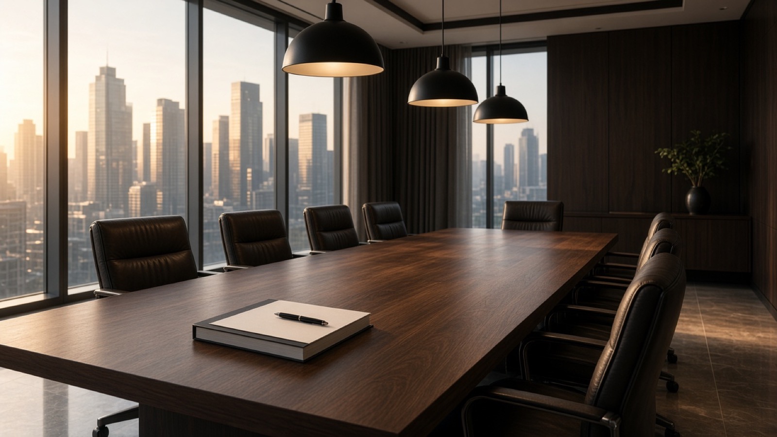 An empty dark-walnut boardroom table lined with leather chairs under black pendant lamps, a thick bound document and pen at the near end, as late-afternoon sun lights a skyline beyond floor-to-ceiling windows.