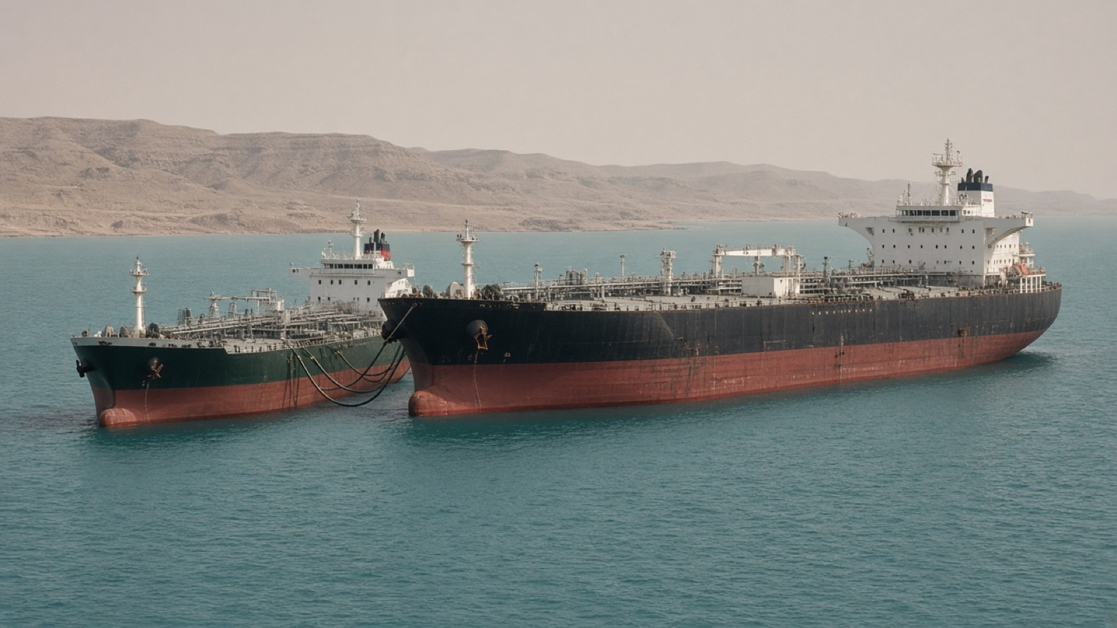 A large black-and-red crude tanker and a smaller green-hulled tanker sit close together on hazy turquoise water off a barren, tan desert coastline, dark transfer hoses slung between their hulls in flat, dusty light.