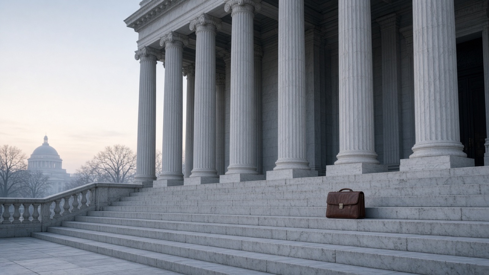 A lone brown leather briefcase sits on the wide marble steps of a columned neoclassical courthouse in cool early-morning light, with a domed capitol building and bare trees hazy in the distance.