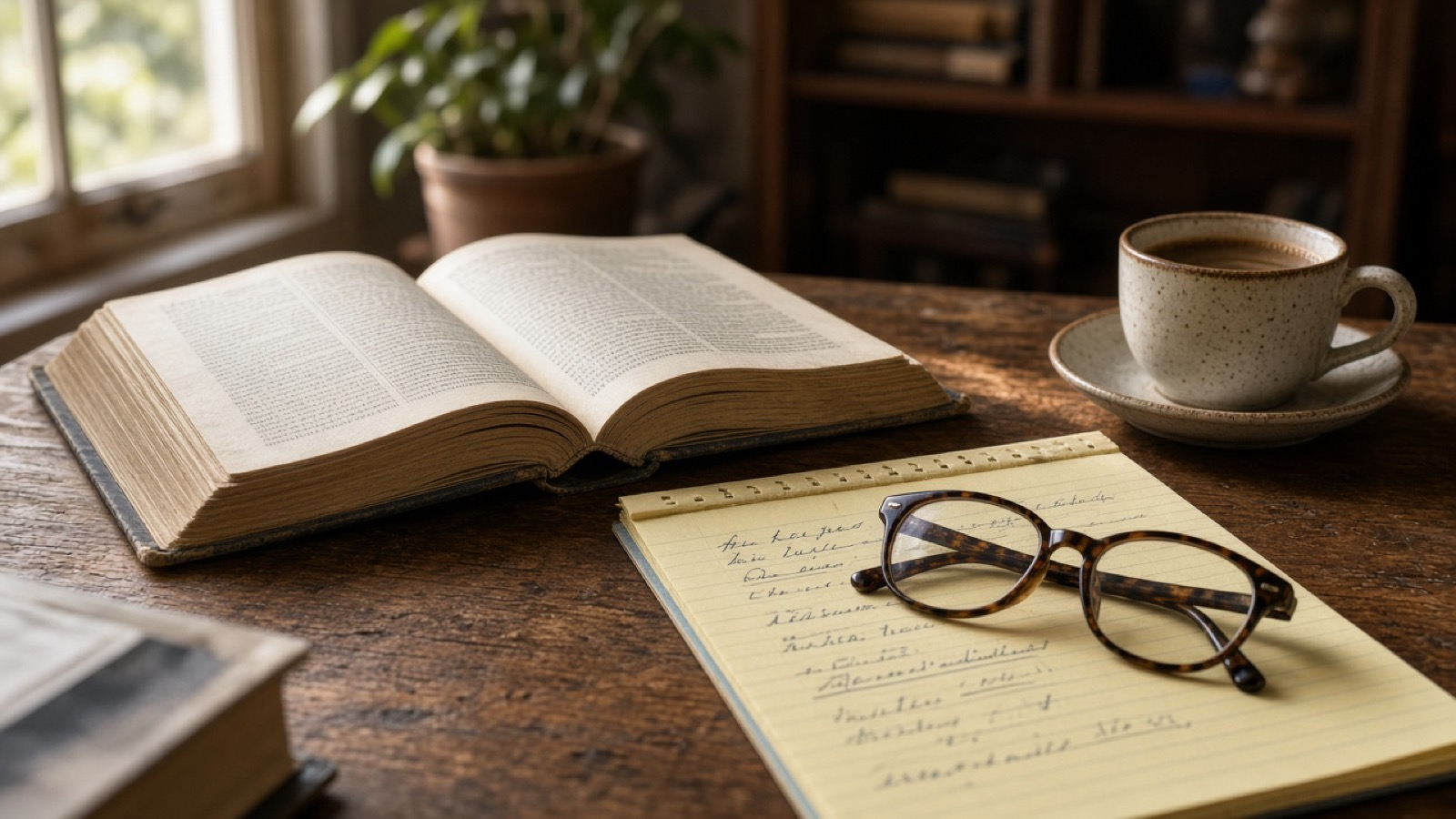 A thick, worn hardcover book lies open on a weathered oak desk beside a yellow legal pad covered in handwritten notes, tortoiseshell glasses resting on the pad and a cup of coffee on a saucer in soft window light.