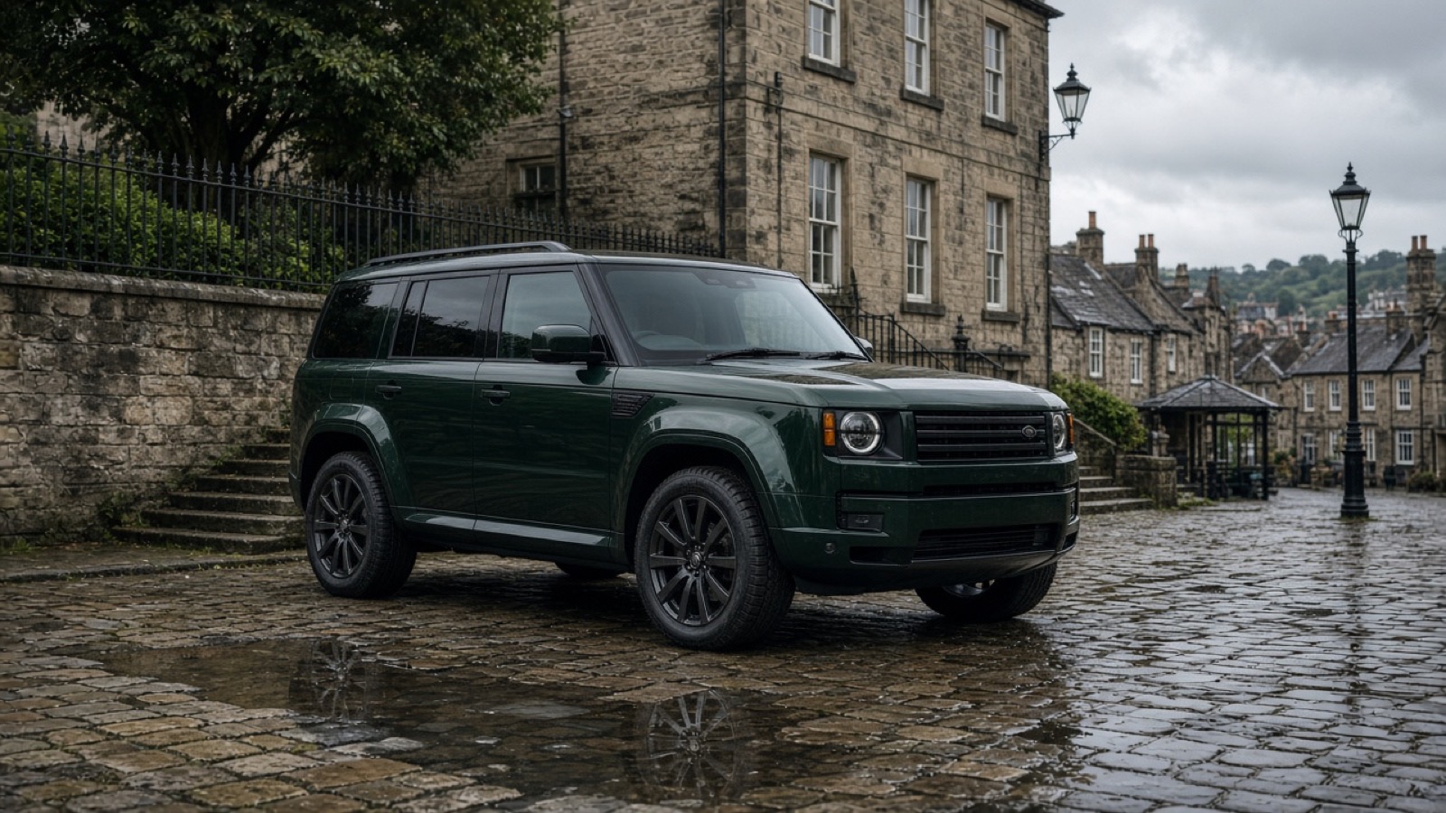 A dark-green boxy luxury SUV is parked on wet cobblestones beside a stone wall and Georgian stone houses in an English town under an overcast sky, its wheels reflected in a puddle.