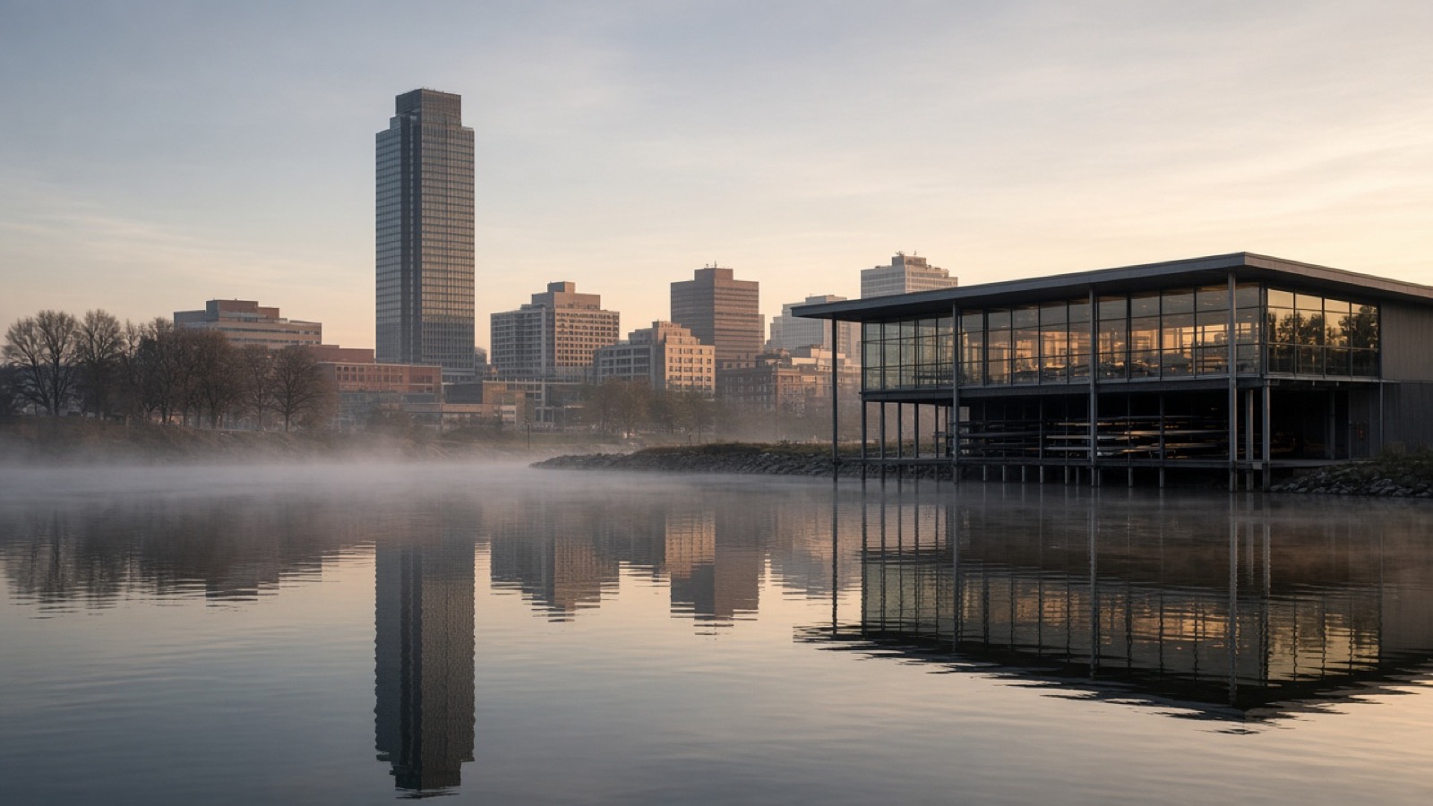 A modern glass-and-steel boathouse stands on a still, misty river at dawn, its reflection mirrored in the water beside a modest downtown skyline dominated by a single tall office tower.
