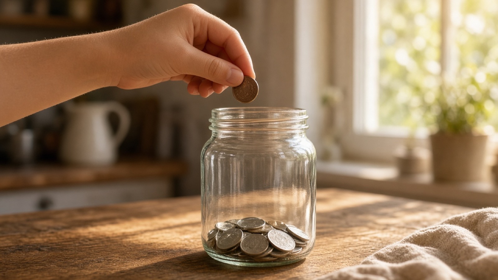 A young hand drops a coin into a clear glass jar holding a small pile of silver coins on a wooden kitchen table, warm afternoon sunlight streaming through a window behind it.