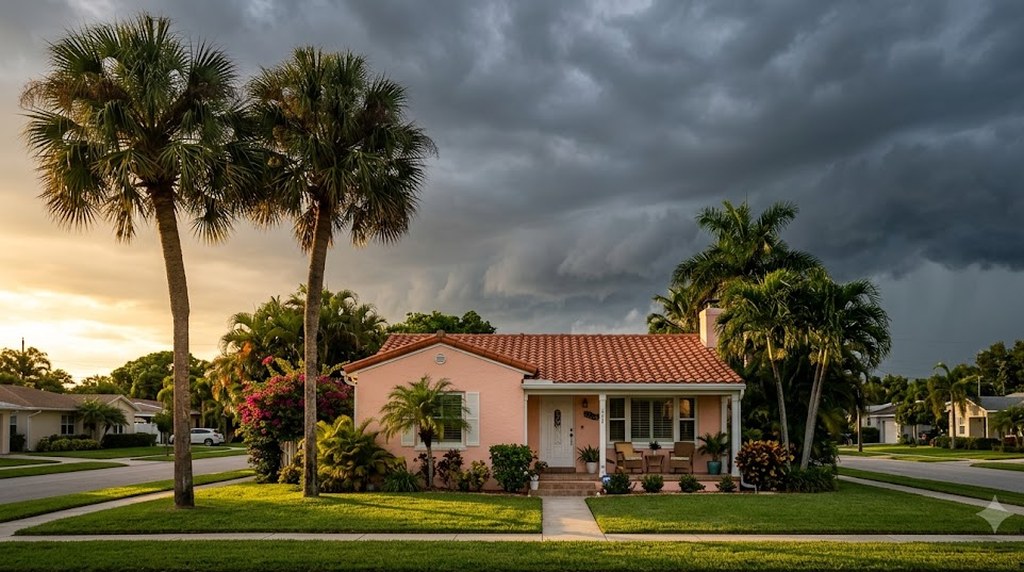 A pink stucco house with a red tile roof sits between tall palms as a dark storm front rolls in, low evening sun still lighting the lawn.