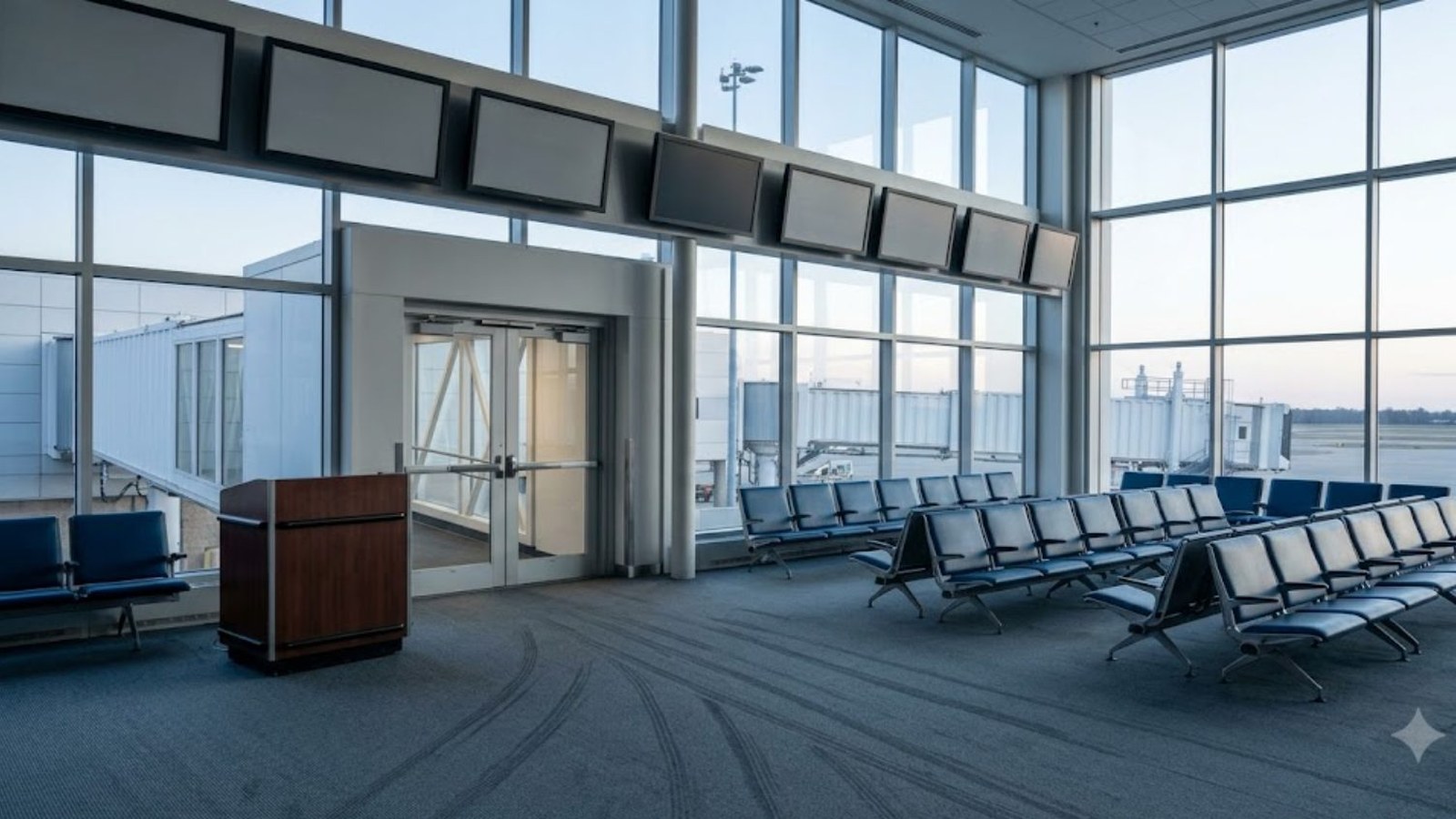 An empty airport gate at dawn: rows of blue seats, a wooden boarding podium beside closed jet-bridge doors, and jet bridges lined up on the apron outside tall windows.
