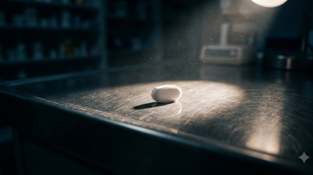 A single white tablet on a scratched steel counter under a narrow beam of lamplight, shelves of bottles and lab equipment blurred in the dark behind.