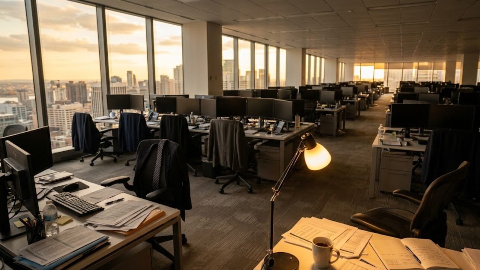 An empty office floor high above a city at sunset, rows of dark monitors and jackets draped over chairs, one desk lamp lit over scattered papers.