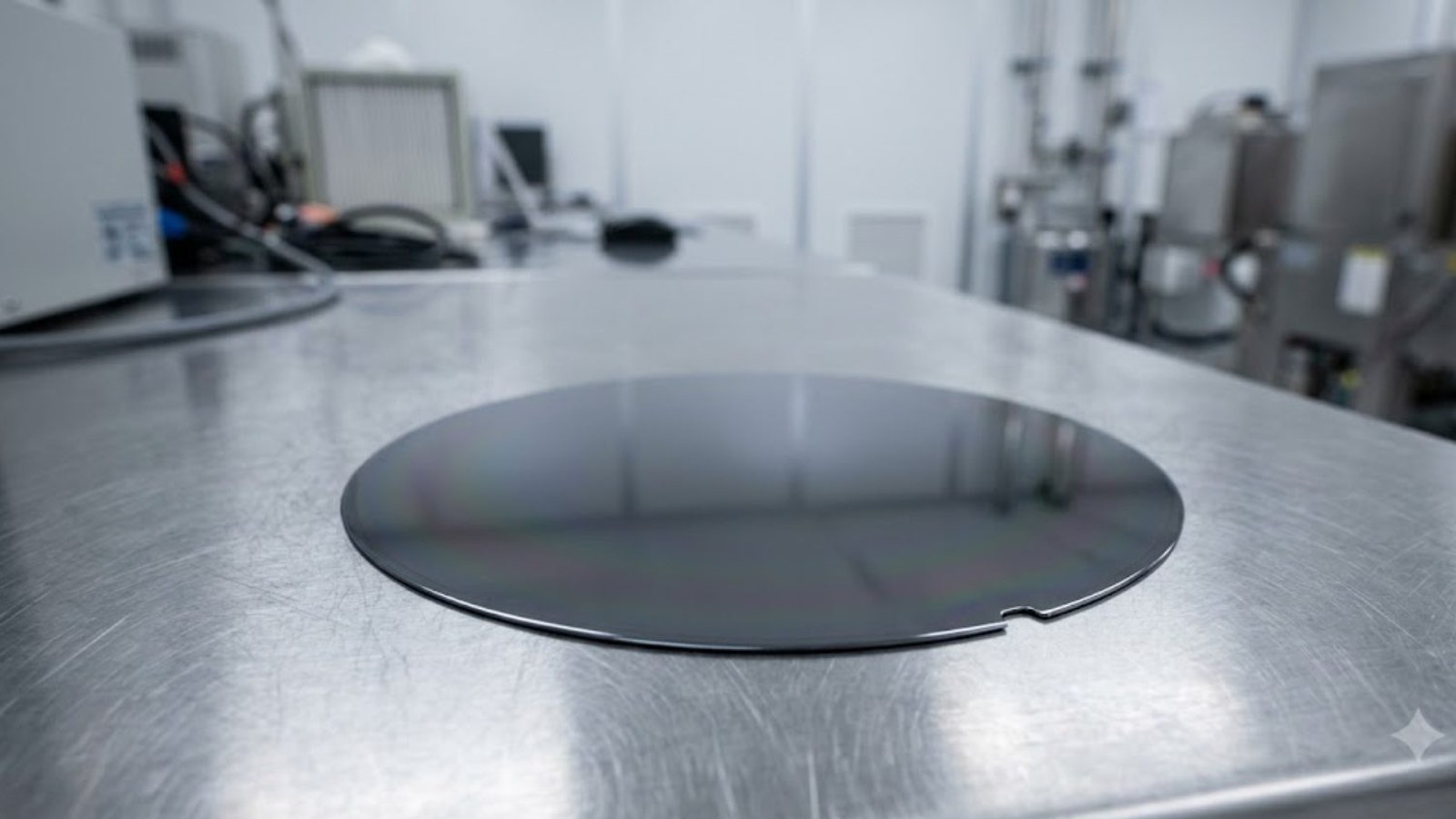 A single bare silicon wafer rests on a brushed stainless-steel clean-room bench, its mirrored surface reflecting the ceiling, process equipment blurred in cool white light behind.