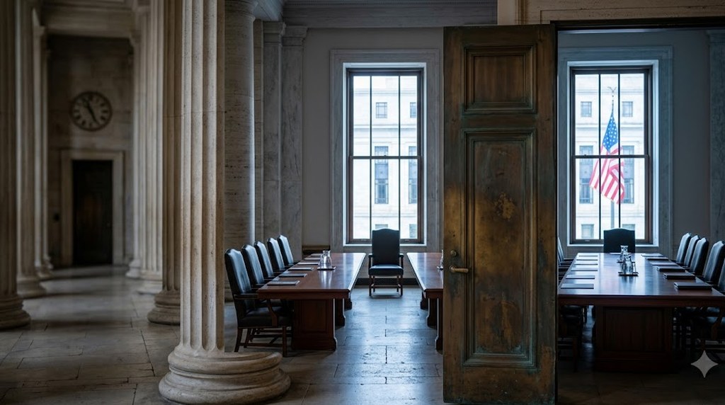 An empty government meeting room seen past a heavy open door and marble columns, long tables set with leather chairs, an American flag outside the tall window.