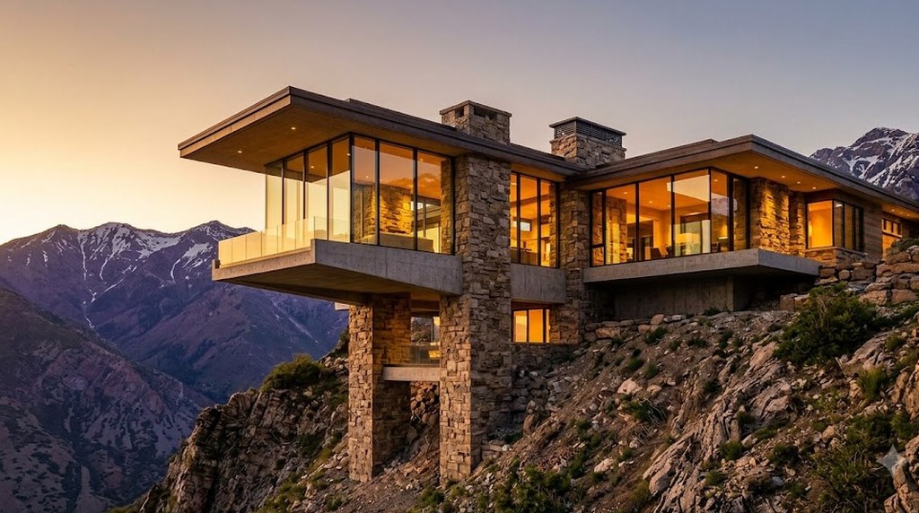 A modern stone-and-glass house cantilevered over a rocky mountainside at sunset, its windows glowing amber, with snow-streaked peaks rising behind in the fading light.