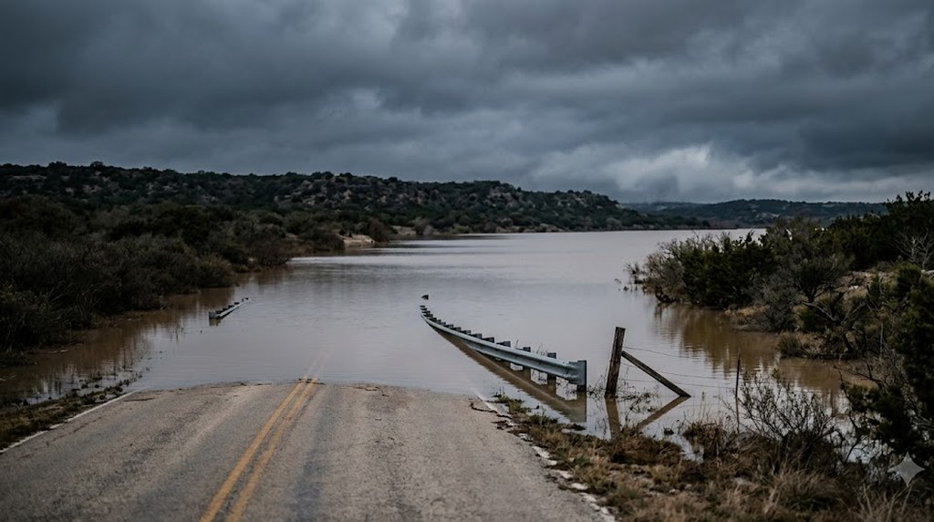 A two-lane road disappears into brown floodwater under heavy storm clouds, a guardrail and fence posts half-submerged and scrubby hills on the far side.